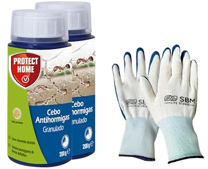 Protect Home Antihormigas granulado, elimina las hormigas, ideal para exteriores. Pack de 2 y Guantes de Jardineria