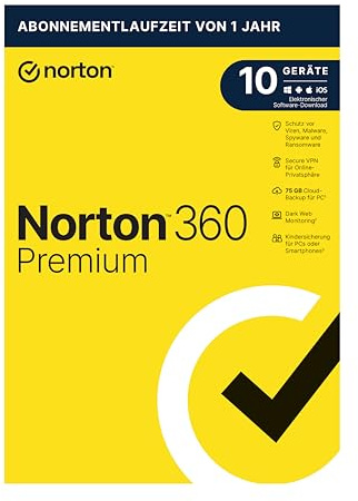Norton 360 Premium 2026 | 10 Geräte | 1 Jahr | PC/Mac/Android/iOS | Aktivierungscode in Originalverpackung