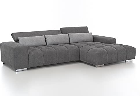Mivano Ecksofa Orion / Große Eckcouch mit XL-Recamiere, Kopfteilfunktion und Kissen / 307 x 73 x 186 / Mikrofaser, Grau/Hellgrau