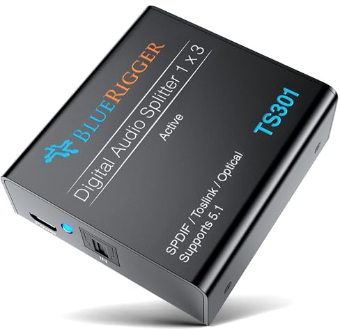BlueRigger Digital Optical Audio Splitter (Active Toslink Splitter 1 in 3 Out, SPDIF, Fiber Optic Adapter) - Compatible with Home Theatre, Xbox, PS4, DVD, Receiver, TV, LPCM2.0, DTS, Dolby Digital
