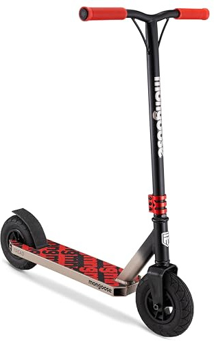Mongoose Tread Youth/Adult Freestyle Dirt Kick Scooter, Ages 8 Years and Up, Air Filled Tires, Max Rider Weight 220 Pounds, Black/Red