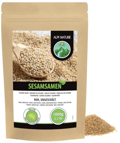 Alpi Nature White Sesame Seeds Unpeeled 1kg 2.2 lb, Unpeeled White Sesame Seeds, Gluten Free