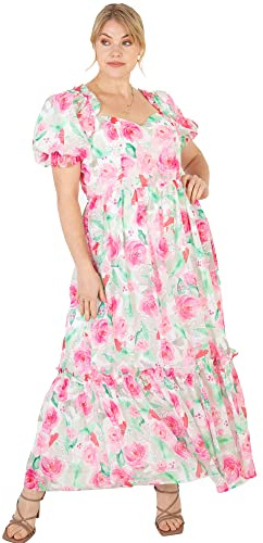 Lovedrobe Women's Ladies Maxi Dress for Plus Size Curve Puffed Short Sleeve Back Tie Belt for Summer Party Office Flower Pattern, Floral, 16
