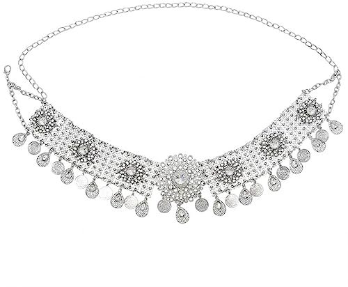 Kettengürtel Gothic, Bauchkette Silber Vintage Quasten 112cm Metalllegierung Taillenkette mit Weiß Rundschliff Zirkonia