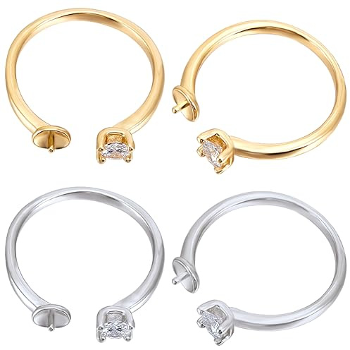 Beebeecraft 1 Box 4 Stück Ringrohlinge 18 Karat Gold Platiniert Zirkonia Verstellbare Fingerring Fassung Für Halbgebohrte Perlenringe Für DIY Schmuckherstellung
