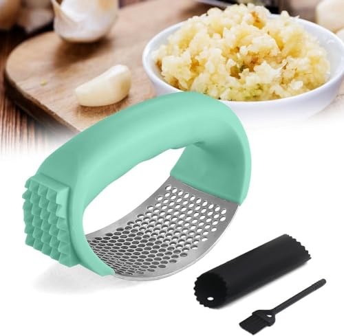 Stainless Steel Garlic Press Rocker Mincer with Peeler and Cleaning Brush, Garlic Chopper for Crushing - Green