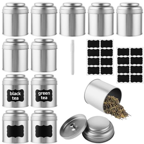 ZOFUN 12 contenitori per tè sfuso, contenitori per tè sfuso con doppio coperchio ermetico, scatola di latta rotonda da 50 g, piccoli contenitori da cucina per tè, caffè, zucchero, erbe e spezie