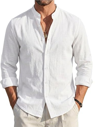 EndoraDore Mens Cotton Linen Shirts Long Sleeve Button Down Tops White M