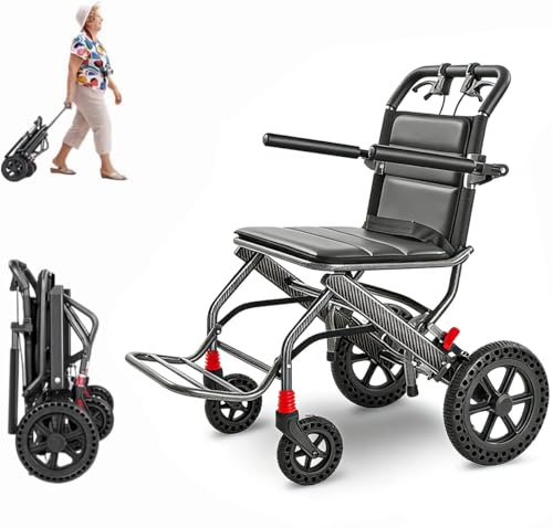 Rollstuhl Faltbar Leicht,Sitz 47 cm,9,5 kg Ultraleichter Reiserollstuhl,30cm groß Honeycomb Gelände Reifen Tragbarer Transportrollstühle klappbar mit verstellbaren Arm- und Fußstützen