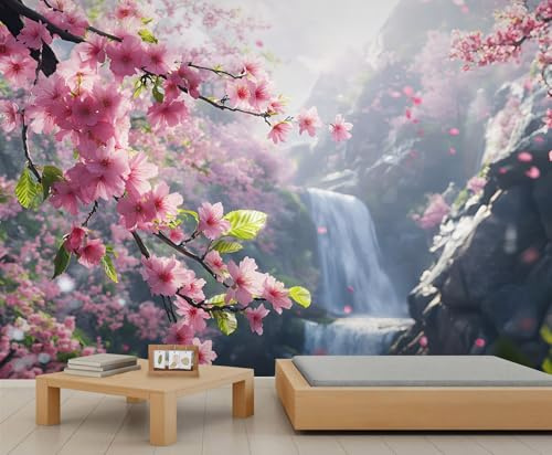 GIVLWF Wallpaper - Spring Landscape Home Decor& Large Mural, Floral Waterfall Bedroom Wall Paper, Wallpaper for Living Room, Not Self Adhesive Wall Mural, Natural Cherry Blossoms