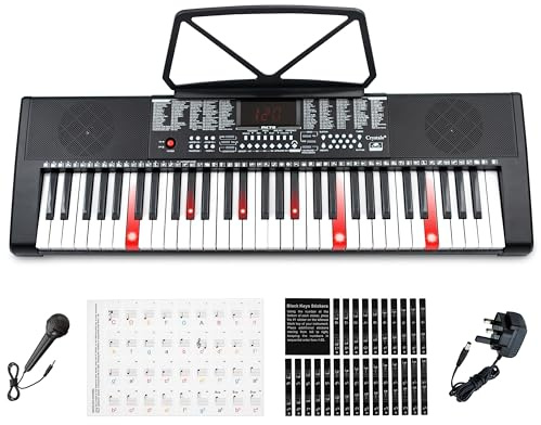 Crystals® 61 Keys Electronic Keyboard Piano with Key Lighting | Digital Music Piano Keyboard for Beginners & Kids | Portable Electric Piano with Mic, LCD Screen, Speakers, Headphone & UK Plug – Black