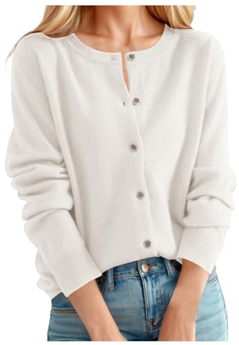 Generisch Strickjacke Damen Weiß, Kaschmir Strickjacke Damen - Pullover Weich Wollpullover Warm Vintage Damenpullover Herbst Cardigans Kurz Cardigan Wolle Sweater Klassisch Einfarbig Damenstrickjacke