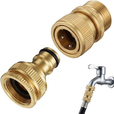 Garden Hose Connector, 1/2 Inch and 3/4 Inch Solid Brass Tap Connector 2-in-1 Faucet Quick Connector Hose Nozzle Connect Kit for Kitchen Garden Outdoor Hose Pipe Tool