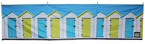 OLPRO 4-Pole Compact Windbreak – 4.8m Long Steel Beach Windbreak with Colourful Beach Hut Print | Ideal for Camping, Motorhome, or Garden Use