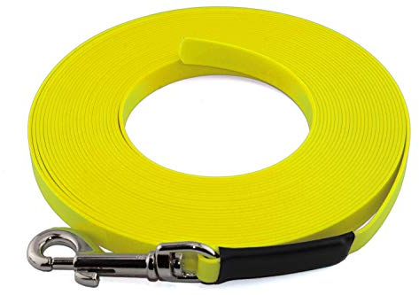 LENNIE Leichte BioThane Schleppleine, 19mm, Hunde ab 35kg, 15m lang, ohne Handschlaufe, Neon-Gelb, genäht