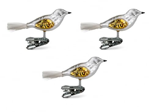 Christbaumschmuck Glas Vogel Set 3 Stück Silber/Gold H mundgelasen Lauscha