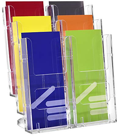 DIN Lang (99x210mm) Tischprospekthalter 6 Fächern / 2x3 Etagen Flyerhalter | Lieferung erfolgt zerlegt, Einfacher Zusammenbai, 6 Fächer + 2 Füße im Lieferumfang, Transparente Fächer