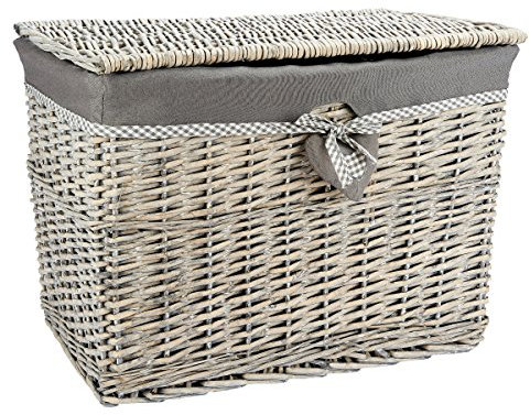 woodluv Medium Grey Wicker Storage Basket Trunk Chest Hamper Lidded With Cloth Linning