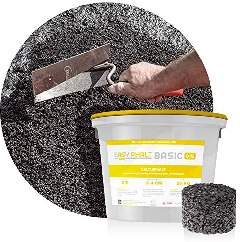 EASYPHALT BASIC Kaltasphalt 0-5 mm 25 kg Eimer, Profi-Kaltmischgut | Reparaturasphalt, Ausbesserungsarbeiten, nicht reaktiv, gebrauchsfertig, lösemittelfrei, sofort verkehrstauglich