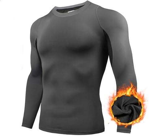 AMZSPORT Top de Compresión Térmica para Hombre Camiseta de Manga Larga Transpirable Capa Base para Deportes de Invierno Gimnasio Correr Ciclismo, Gris M
