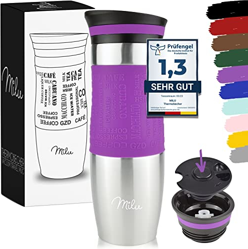 Milu Insulated Coffee Mug to Go - 450ml, 100% Leak Proof - Stainless Steel - Double Wall Insulation - Travel Mug - Purple