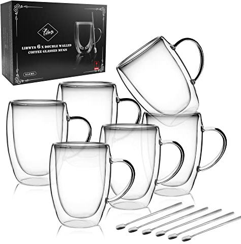 LIBWYS Doppelwandige Kaffeegläser 6x350ml mit Löffel, Cappuccino, Latte Macchiato Gläser, Teetassen Thermo mit Griff, Hitzebeständige Kaffeetassen Trinkgläser (6er Set)