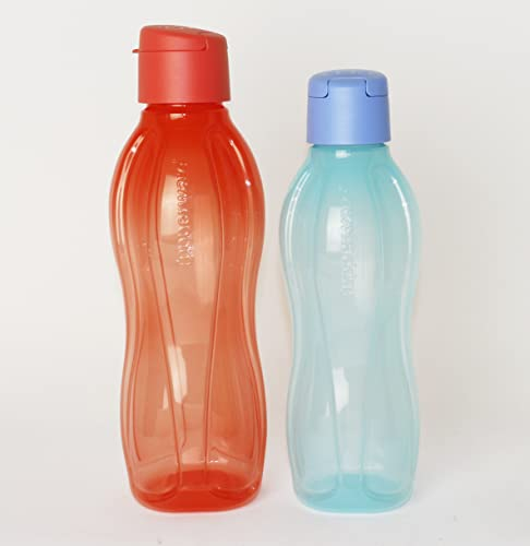 TUPPERWARE EcoEasy Trinkflasche 1L Lachs-Orange Clip + 750ml Hellblau Clip + Kugelschreiber metallic