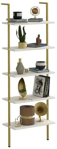 aboxoo Ladder Shelf White Marble Bookshelf 5-Tier Wall-Mounted Wood Rack Industrial Modern Plant Flower Stand Utility Organizer Open Bookcase Metal Frame Furniture Office Kitchen Bedroom