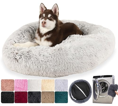 Hundebett Flauschig & Katzenkissen - Waschbares & Abnehmbares Haustierbett, Hundematte mit Reißverschluss, Rutschfester Unterseite, für große, mittelgroße & kleine Hunde (L:80 cm, Grau)