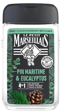 Le Petit Marseillais | Gel Douche Homme Pin Maritime & Eucalyptus (flacon de 250 ml) – Formule 4 en 1 corps, cheveux, visage & barbe – 92 % d'ingrédients d'origine naturelle et pH neutre