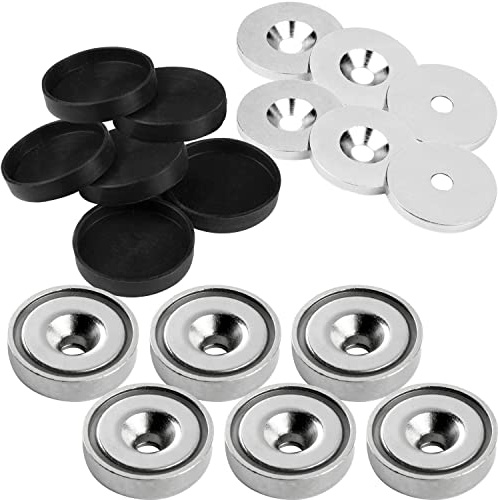 vasalat Topfmagnet mit Bohrung, Magnet mit Metallscheiben und Gummi-Kappen, Rundmagnet ø 25mm, Neodym vernickelt 18-teilig