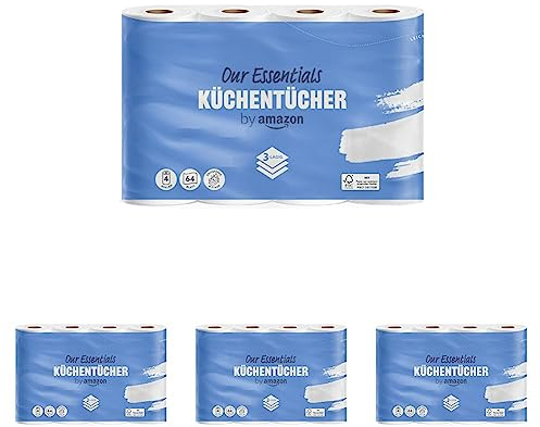 by Amazon Küchenrolle, 3-lagig, 16 Rollen (4 Rollen, 4-er Pack), 64 Blätter pro Rolle, FSC-Zertifiziert