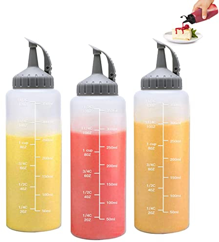 RICHSUM Bottiglie Spremi-condimento, Ricaricabili Con Coperchi a Scatto Per Salse Calde,Salsa Barbecue,Olio,Condimenti,Condimenti per Insalata,Senape,Mayo,3 Confezioni(350 ML, Grigio)