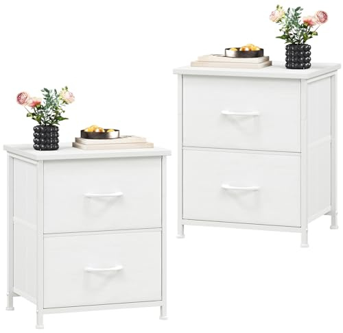 Somdot Nachttisch 2er Set, Beistelltisch mit 2 Schubladen aus Stoff, Nachtschrank mit Metallrahmen, Nachtkästchen, Kleiner Schrank für Schlafzimmer Wohnzimmer Kinderzimmer, Weißes Leder