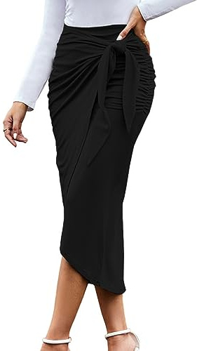 SEBOWEL Rock Damen Sommer Rock mit Schlitz Einfarbig Langer Rock Elastische Taille Schwarz XL
