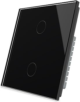 LIVOLO Black Wall Touch Light Switch Crystal Tempered Glass Panel Single Pole Bulb Light Switch with LED Indicator,No Neutral Wires,2 Gang 1 Way