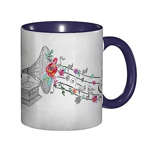 Kaffeetasse mit Musik, Retro-Stil, Grammophon, Schallplattenspieler, Blumenmuster, antikes Altrosa-Druck, 325 ml, Keramik-Teetasse mit Griff, für Zuhause, Büro, Weihnachten, Geburtstag