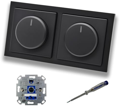 REV Ritter (2 Stück) LED Drehdimmer Dimmer + Busch Jäger Dimmerscheiben 6540-885-102 in Future Linear schwarz matt im 2-fach Rahmen + EBROM Phasenprüfer zur Montage der Geräte ET1 66012B