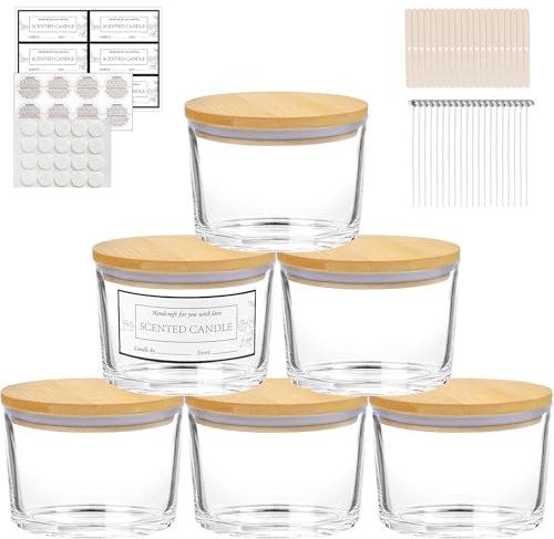 CONNOO Lot de 6 bocaux à bougies de 473,6 g – 3 mèches en verre transparent vides à large ouverture sont livrés avec des couvercles en bambou, des étiquettes d'avertissement adhésives et un kit de