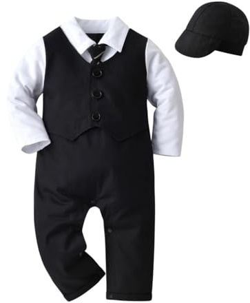 Lito Angels Smoking Jumpsuit Jumpsuit Kostymer Formell Med Hatt Baby Keps Barn Storlek 3-24 Månader, Svart Khaki, Svart (Med avtagbar slips), 12-18 månader