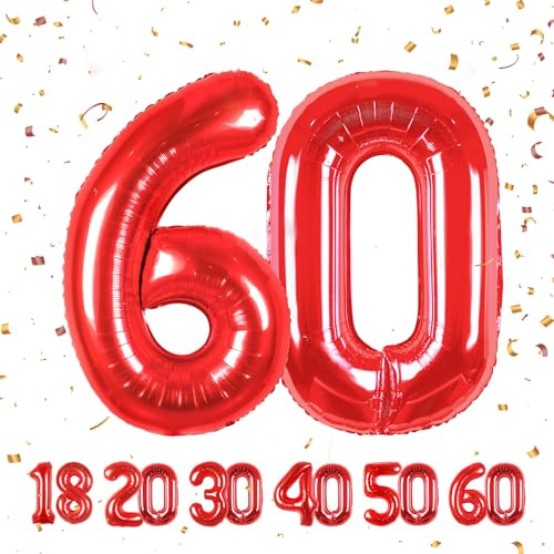 60 Geburtstag Deko zahlen luftballon 60 jahre | Folienballon Rot- für 60. Geburtstagsdeko Männer Frauen Ballon Zahl Deko zum Geburtstag fliegt mit Helium