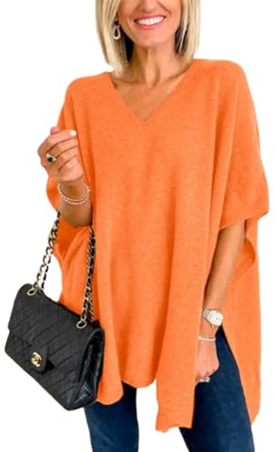 Melliflo Maglione poncho da donna con scollo a V, scialle in cashmere leggero, tinta unita, avvolgente, maglioni, top larghi, Arancione, Medium