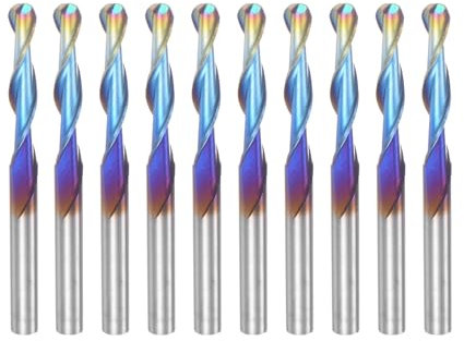 sourcing map 10pcs Ball Nose End Mills CNC Router Bits, 1/8 Blue Nano Coated Spiral Upcut 2 Flutes Solid Carbide, 1/8 (3.175mm) Shank 1/16 Cutting Length 1-1/2 Overall Length