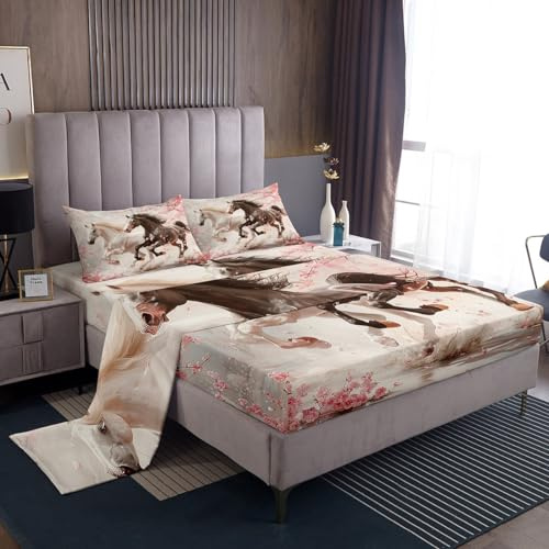 Galloping Horses Sheet Set Pink Cherry Blossom Bedding Set Farmhouse Style Animal Bed Sheets Girls Room Decor Pink Beige Bed Set (Queen Flat Sheet & Fitted Sheet with 2 Pillow Case)