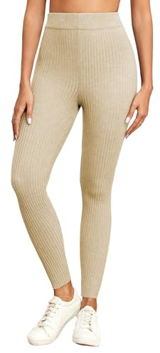 Famulily Leggings a costine a vita alta per donne, in maglia elasticizzata, aderente, per autunno e inverno, Beige, L/sottile