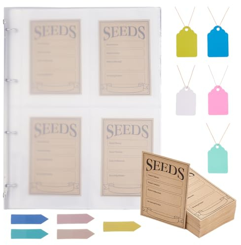 SUPERFINDINGS Seed Storage Container Kit Seed Holder Organizer Includes Plastic 4 Ring Binder with 30 Pack Sheet Protectors,100Pcs Self Adhesive Seed Envelopes,Sticky Notes