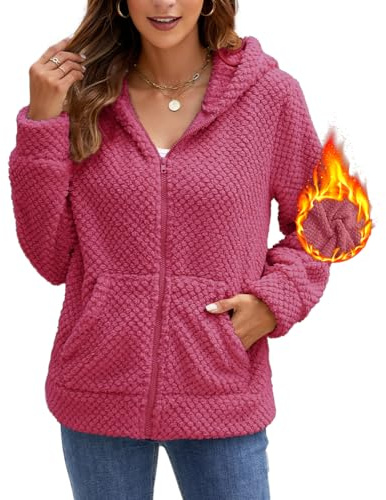 Yeenily Femme Veste Polaire Hiver Chaud Manteau Mode Zippée Sweats à Capuche Décontracté Peluche Blouson Automne Pull Hoodie Outerwear avec Poche (Rouge Rosé, XXL)
