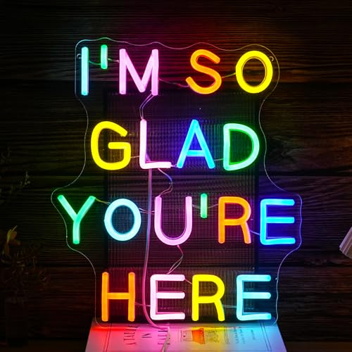 BNEMCEZH I’m So Glad You’re Here Neon Sign Dimmable Positive Affirmation LED Neon Light for Wall Decor USB Powered Multicolored Light Up Sign for Classroom Wedding Party Store Home Neon Decor