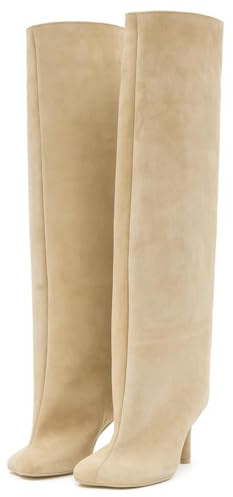 HiGropcore Women's Knee High Boots Nude Suede Wide Calf Stiletto Long Booties Square Toe Pull On High Heel Riding Boots for Women Ladies Fahion Dress Tall Boots