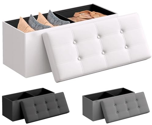 JUPPLIES Puff de Almacenaje 80 L, 76 x 38 x 38 cm - Baúl de Almacenamiento con Tapizado PVC, Plegable y Acolchado - Banco con Tapa Soporta 300 kg para Dormitorio, Salón o Vestidor - Blanco